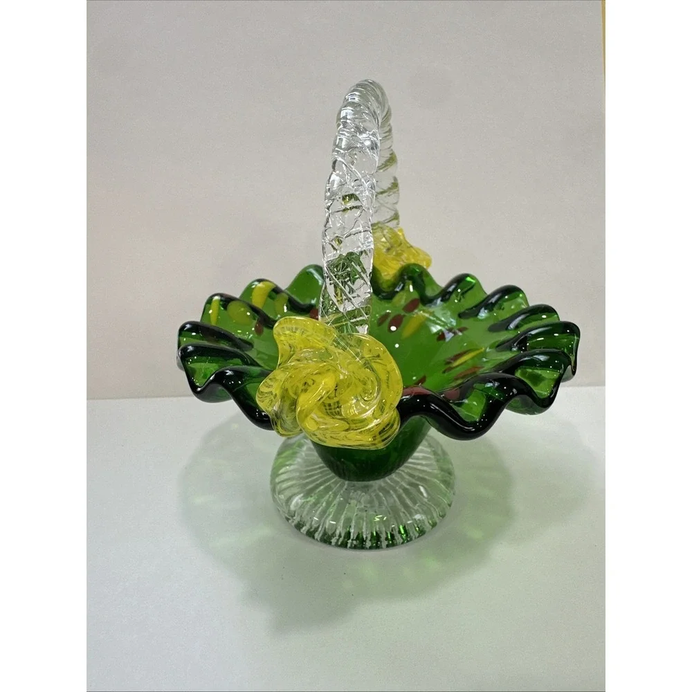 Vintage Hand Blown Art Glass Basket Emerald Green Confetti Ruffled Yellow 5.5